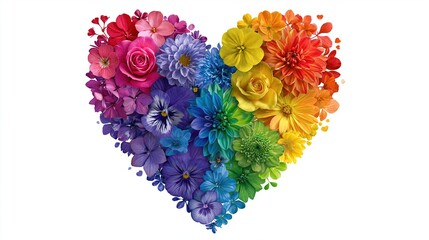 Obraz premium Vibrant Rainbow Heart Shape Formed by a Medley of Diverse Fresh Flowers on White Background