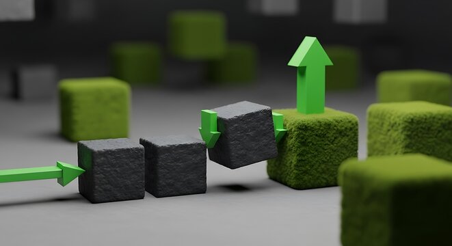 Cubes with arrows illustrating movement & direction; some mossy, others gray, on gray backdrop