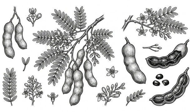 Premium tamarind engraving vector pack with botanical pods flowers leaves and fruits