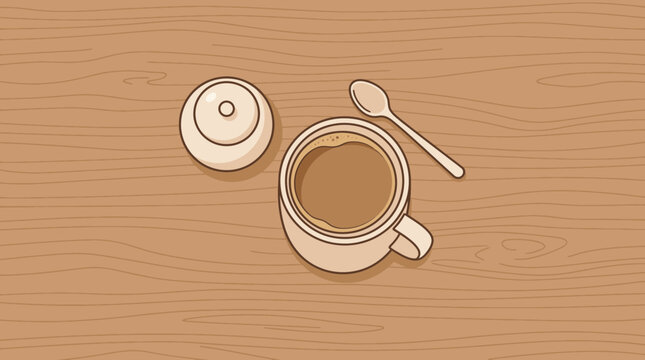 Flat vector illustration of coffee cup on wooden table background