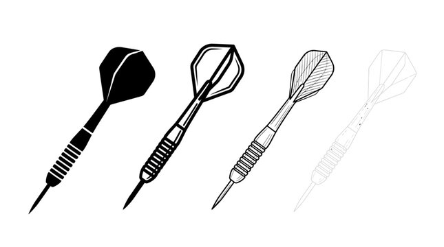 Four darts compared: solid silhouette, bold outline, lighter outline, faint transparent style showing fading progression of design emphasis.