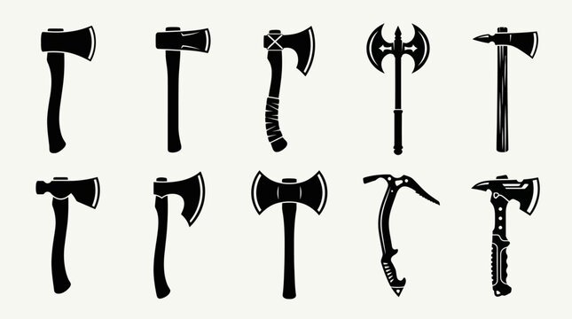Ten axe silhouettes compared: single‑blade, double‑headed, battle, ice axes arranged in rows, minimalist vector clarity emphasizing form variation.