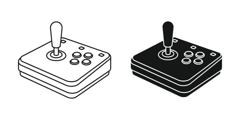 Arcade game joystick controller set featuring classic retro style console input in outline and solid black © KadirStock