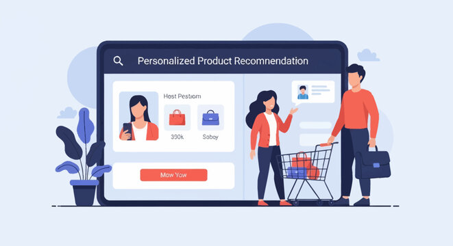 Flat vector illustration of an AI-powered personalized product recommendation interface on a large digital screen, featuring shoppers with a cart, user profiles, and retail item icons.
