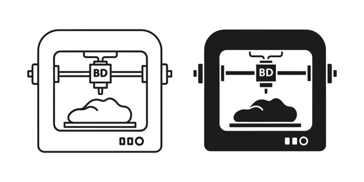 3d printer set in line and solid black styles featuring additive manufacturing equipment for prototyping projects