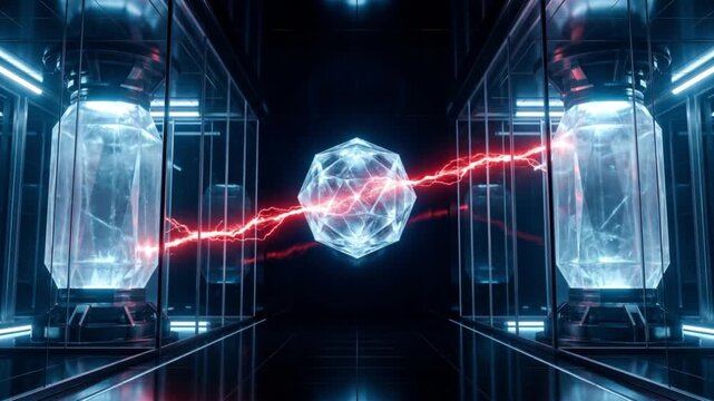 中央ノードの干渉により青いエネルギービームが赤く分断される量子力学実験のサイエンスCG