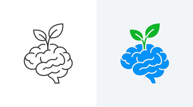 A pair of brain icons featuring a sprout growing from the top in both line art and colored versions.