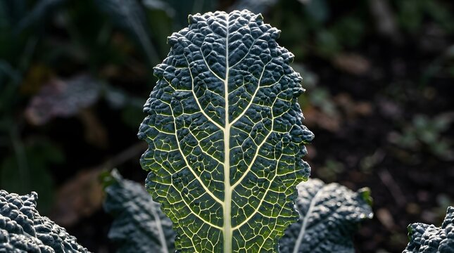 Close up of fresh green dinosaur kale leaf growing in a garden field