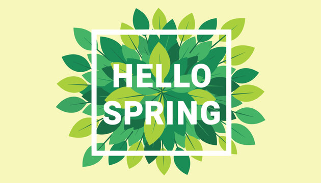 Hello spring text displayed inside a white square border over a background of lush layered green leaves on light yellow.