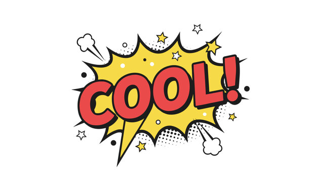 Comic book style speech bubble featuring the word cool in bold red letters against a bright yellow explosion on white background.