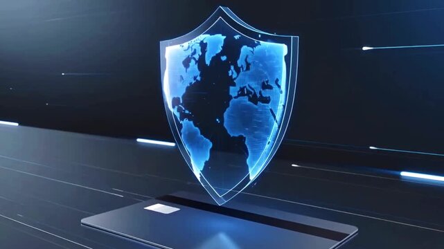 Realistic credit card and blue holographic shield symbolizing cybersecurity and secure payments.