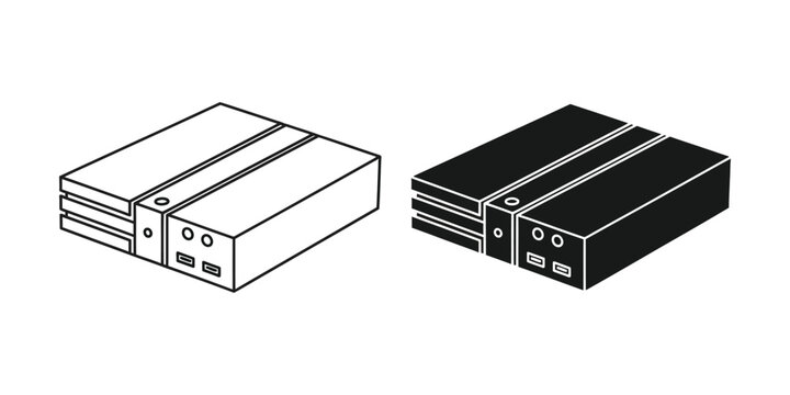 Isometric external hard drive in outline and solid black styles for modern data storage and computing projects