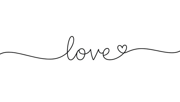 Elegant single line art calligraphy spelling out the word love and ending with a small delicate heart on white background.