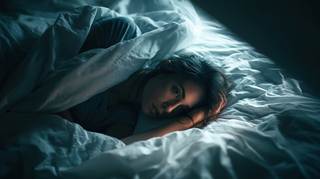 Person lying awake in bed at night, wide open eyes, insomnia concept, copy space