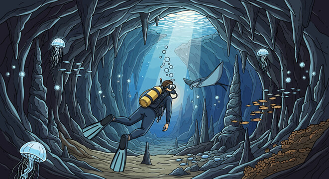 Scuba diver exploring a deep underwater cave with marine life and glowing jellyfish illustration.