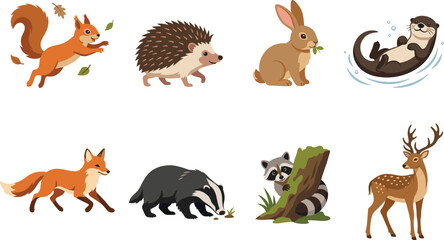 Fototapeta premium Woodland Forest Animals Collection with Squirrel Fox Deer Rabbit and Otter Vector Set