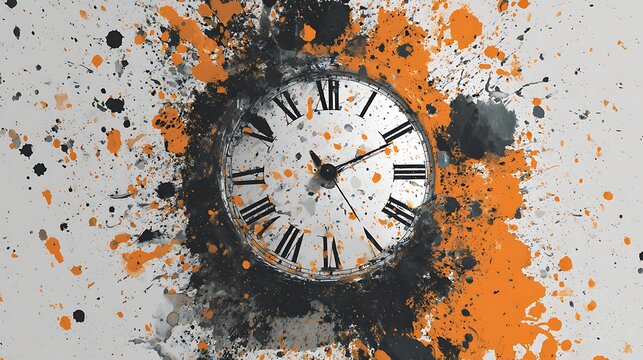 Explosive Clock Artwork Featuring Orange And Black Splatter