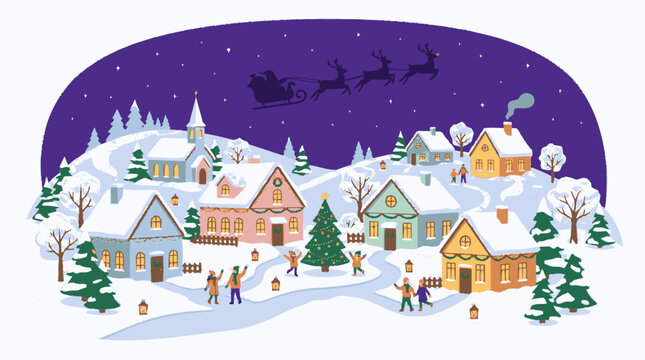 Arched vector illustration of a festive winter village at night with s