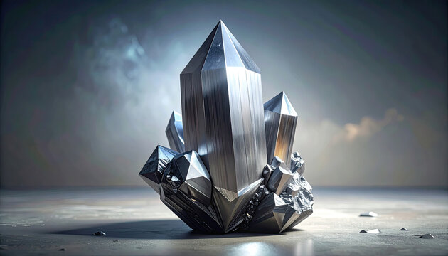 Large metallic crystal sculpture on a reflective surface with cloudy sky