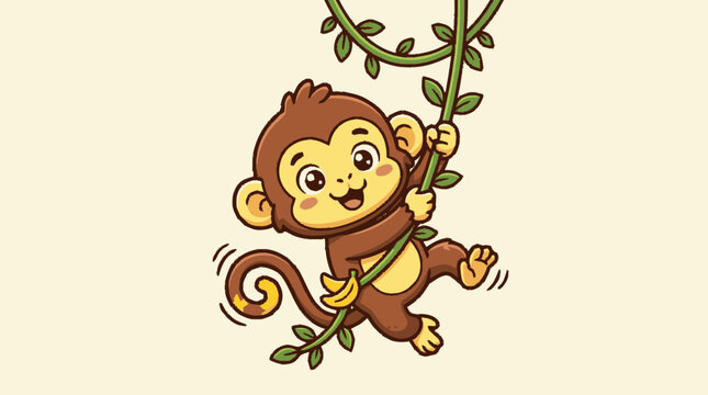 Cute brown monkey cartoon character with a yellow face playfully appea