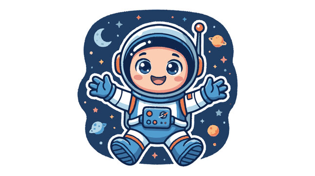 Cute cartoon illustration of a cheerful astronaut character in a blue 
