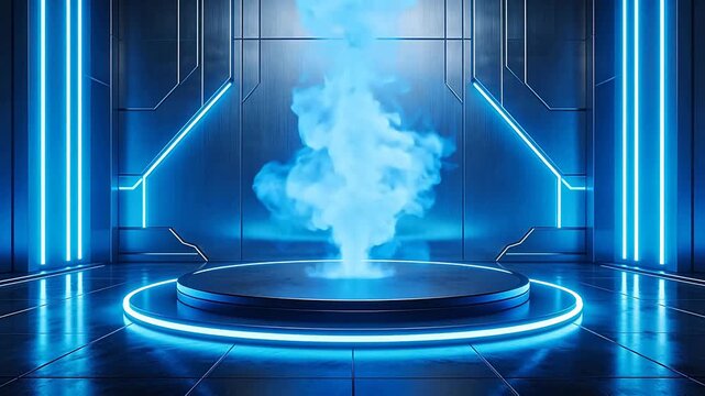 Futuristic room with glowing lights and cloud