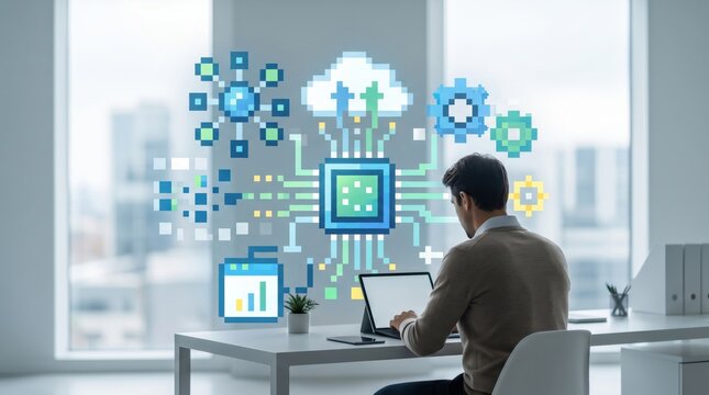 Man working on laptop with cloud computing and data processing graphics, artificial intelligence chip and network connection concept, digital transformation in modern workplace