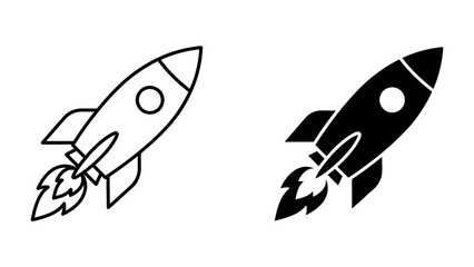 Two Rocket Icons: A clean, minimalist set of two rocket ship icons, one outlined in white and the other solid black, both blasting off with fiery exhaust. © Nirob
