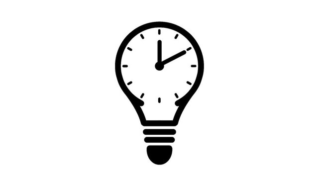 Time for thinking icon featuring black outline light bulb with clock hands. Visual representation of idea development and thoughtful decision making.