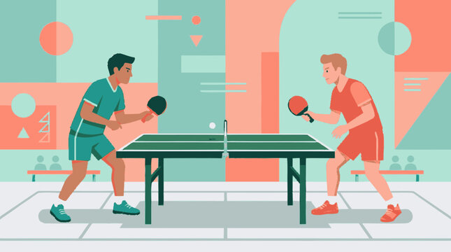 Flat design illustration of a focused male table tennis player in a te