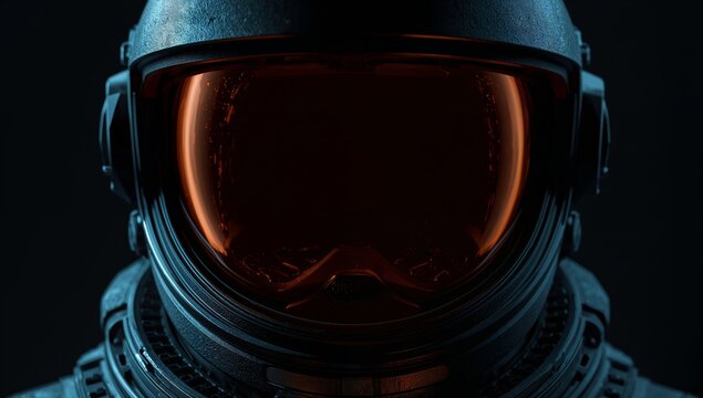 Astronaut helmet with dark visor reflecting orange light, showcasing intricate details of the space suit and helmet design against a black background