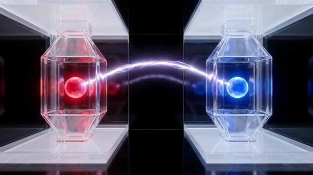 青と赤の光る量子球がエネルギービームを通じて入れ替わる物理学実験のサイエンスCG