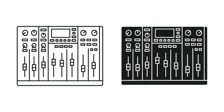 Audio mixing console set featuring faders and knobs in outline and solid black style for sound engineering use