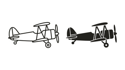 Biplane Icons: Two stylized biplane illustrations, one outlined and one in silhouette, representing vintage aircraft and flight © Mst