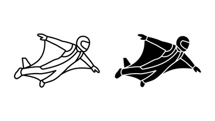 Wingsuit Flying Icons: A set of minimalist icons depicting a person in a wingsuit mid-flight, showcasing the thrill of aerial adventure and extreme sports. © Md
