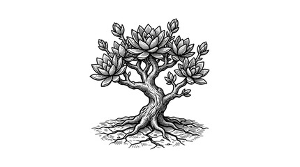Blossoming magnolia tree engraving with visible roots. © Desti