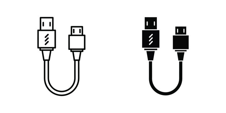 Micro usb charging cable connector set in outline and solid black styles for mobile device power connectivity