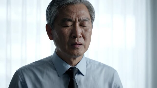 Senior Asian Businessman Suffering from Stress and Headache in Office Setting