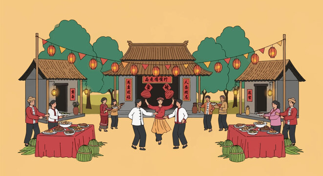 Flat vector illustration of a traditional Chinese folk festival featuring people in ethnic clothing dancing and serving food at banquet tables under red lanterns and banners.