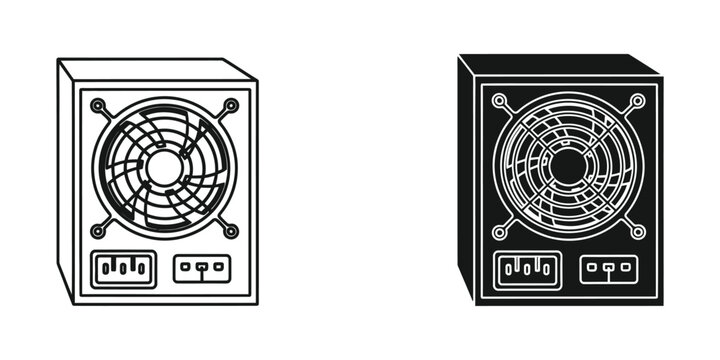 Power supply unit psu set in outline and silhouette style for computer hardware and pc building components kit