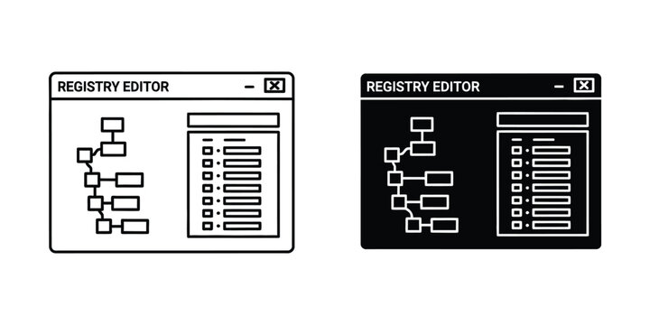 Registry editor system window set with hierarchical data structure in outline and solid black styles