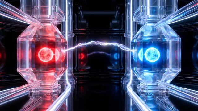青と赤の光る量子球がエネルギービームを通じて入れ替わる物理学実験のサイエンスCG