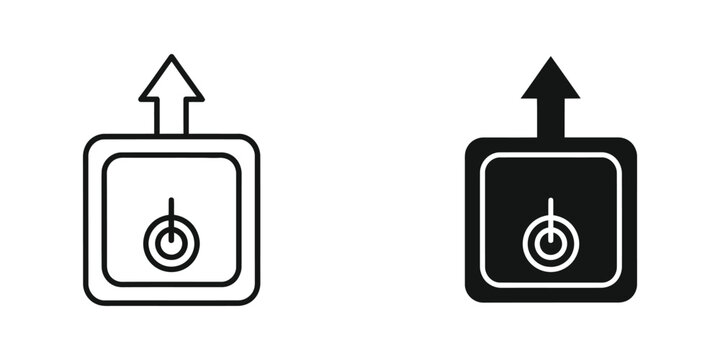 Square power button with upward arrow symbol set in black and white minimalist style switch