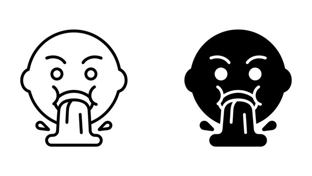 Vomiting Icon: A simple graphic representation of a person vomiting, depicted in both outline and solid black styles, illustrating illness or discomfort.