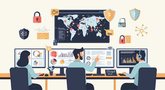 Cybersecurity team monitoring global network security and data protection in control room vector illustration.