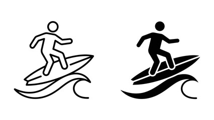 Surfer Icon: A minimalist depiction of a surfer riding a wave, presented in both outline and solid black styles, symbolizing the sport and outdoor activity. © Murshida