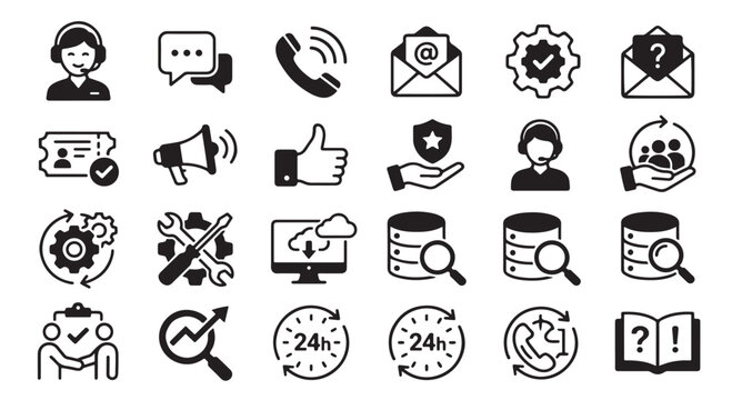 Luxury monochrome customer service vector collection, help desk communication icons, technical support workflow systems, client interaction management symbols, premium isolated white background, comme