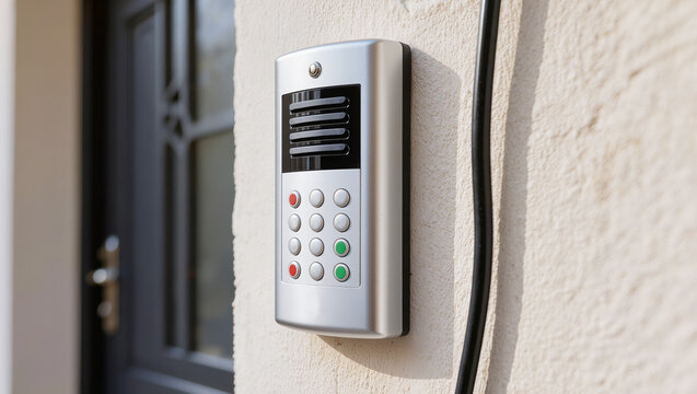 A metallic intercom keypad with a speaker grille, mounted on a textured beige stucco wall next to a dark grey entrance door. Concept of home security, access control, and entry systems