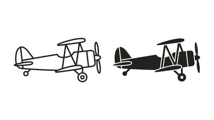 Retro Biplane Pair: A classic biplane in both line drawing and silhouette form, showcasing its iconic design and propeller. © Mst