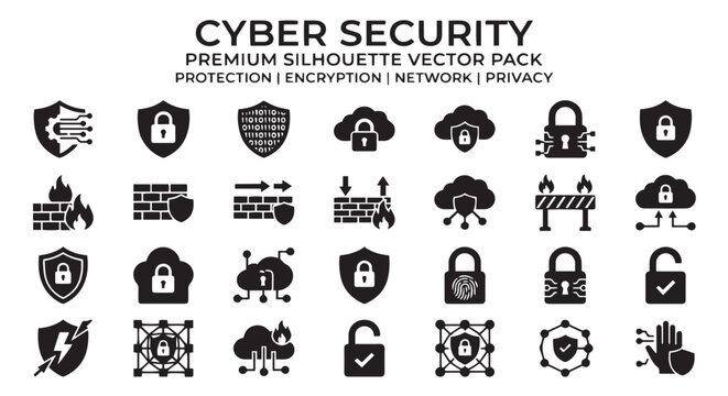 Premium black and white cyber security silhouette vector pack featuring encrypted shield symbols, firewall protection icons, secure cloud network objects, digital privacy lock illustrations, hacking 